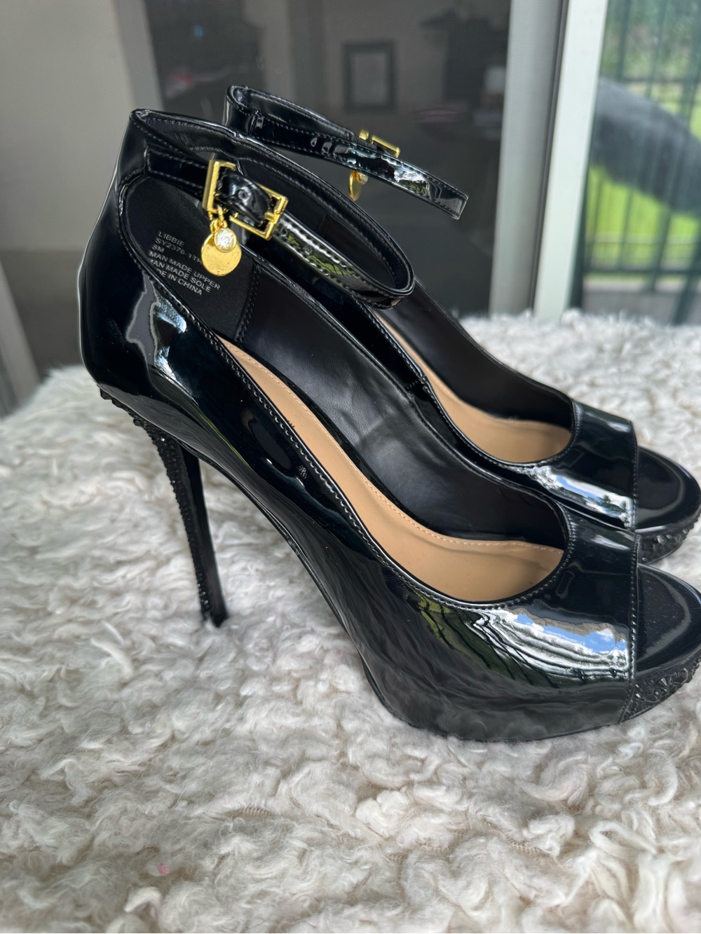 Women's Black Patent Peep-Toe Ankle-Strap Platform Pumps